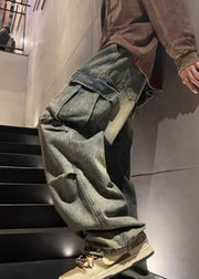 New Denim Blue Wrinkled Pockets Elastic Waist Mens Pants Spring