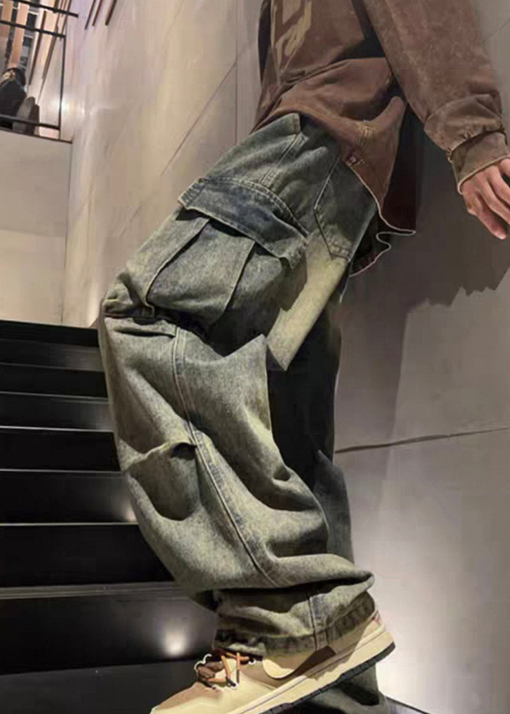New Denim Blue Wrinkled Pockets Elastic Waist Mens Pants Spring