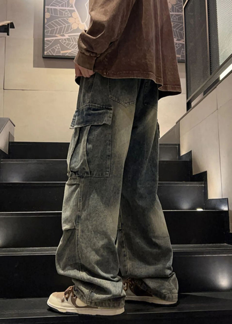 New Denim Blue Wrinkled Pockets Elastic Waist Mens Pants Spring