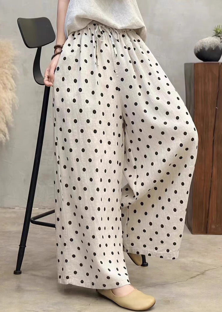 New Dot Pockets Elastic Waist Linen Wide Leg Pants Summer