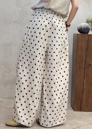 New Dot Pockets Elastic Waist Linen Wide Leg Pants Summer