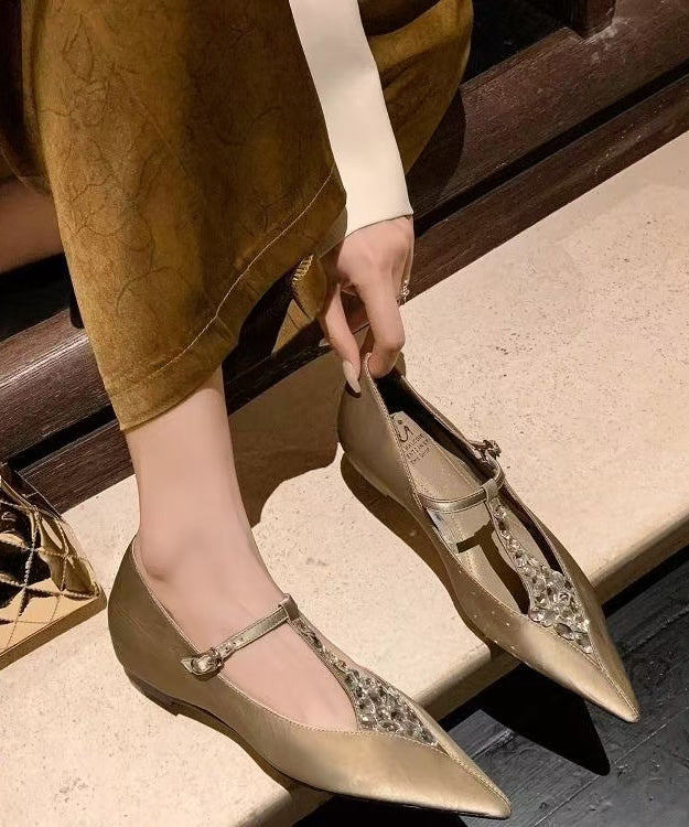 New Fashion Apricot Zircon Cowhide Leather Wedge Pointed Toe