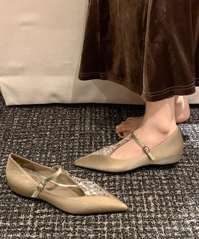 New Fashion Apricot Zircon Cowhide Leather Wedge Pointed Toe