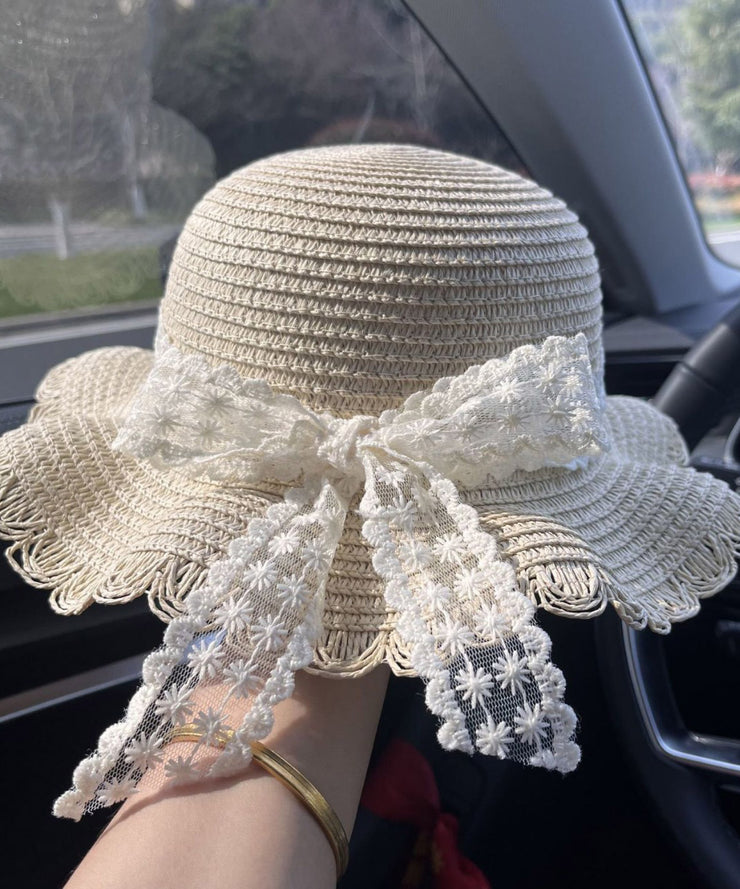New Fashion Beige Lace Bow Sun Hat Summer