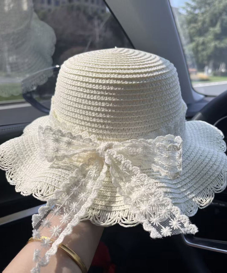 New Fashion Beige Lace Bow Sun Hat Summer