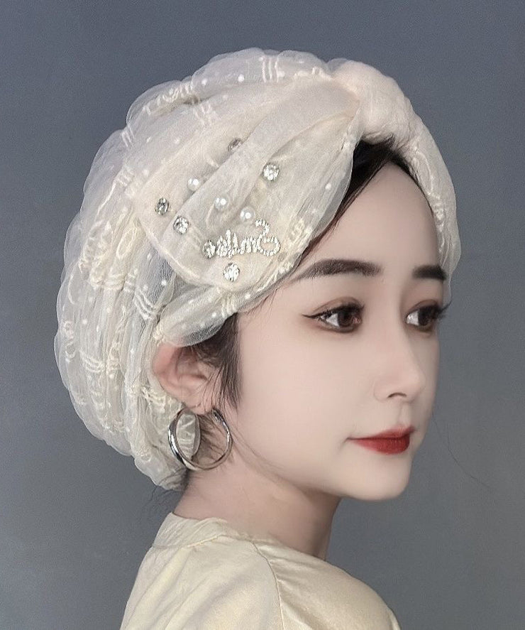 New Fashion Beige Thin Bubble Tulle Pearl Zircon Boonie Hat