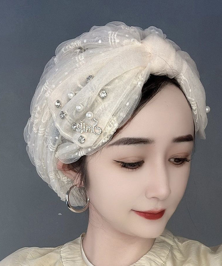 New Fashion Beige Thin Bubble Tulle Pearl Zircon Boonie Hat