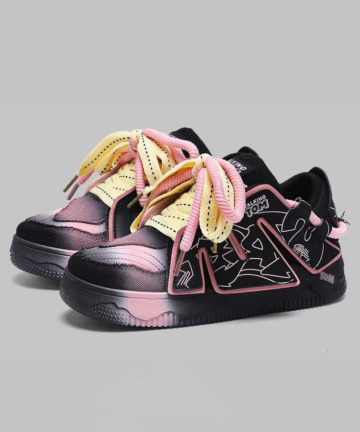 New Fashion Black Lace Up Splicing Platform Flat Shoes