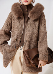 New Fashion Coffee Knitted Patchwork Faux Fur Thick Hooded Coats Winter