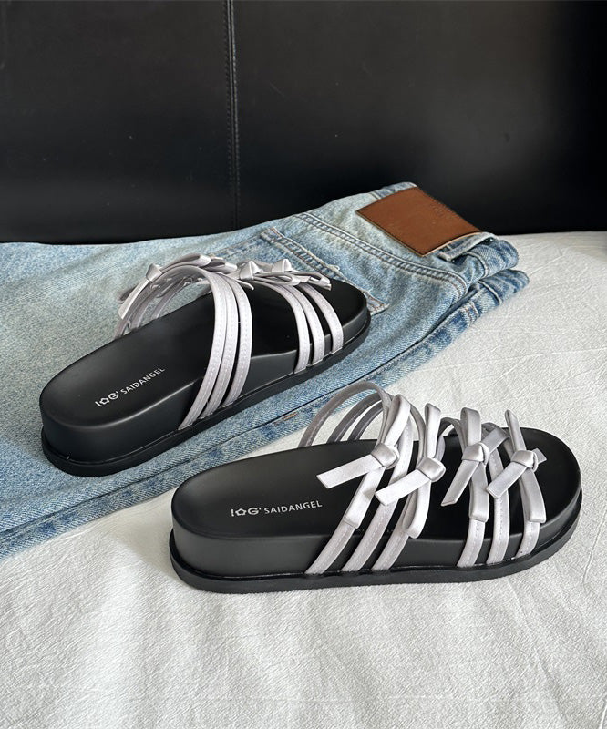 New Fashion Versatile Silver Bow Platform Slide Sandals
