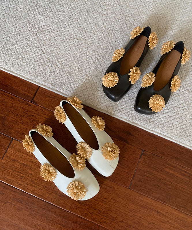 New Floral Splicing Flat Shoes Women Black Sheepskin