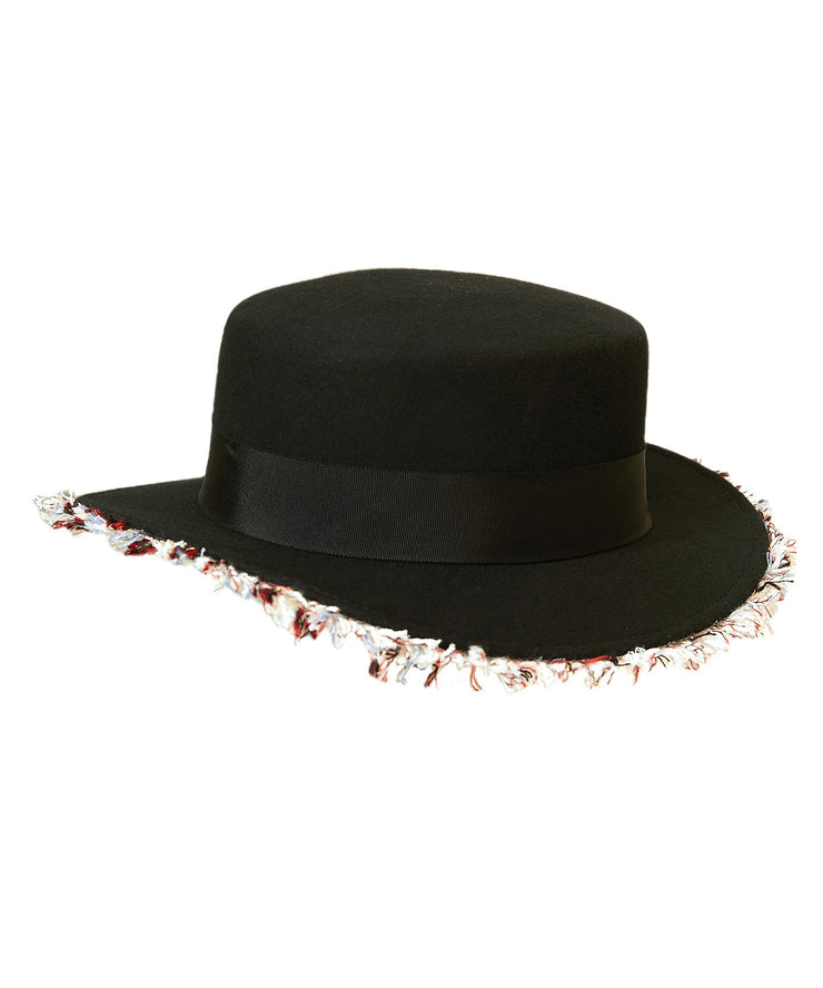 New French Elegant Black Applique Wool Cloche Hat