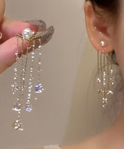 New Gold Copper Alloy Zircon Pearl Tassel Drop Earrings