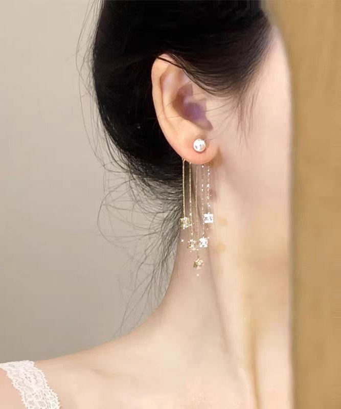 New Gold Copper Alloy Zircon Pearl Tassel Drop Earrings