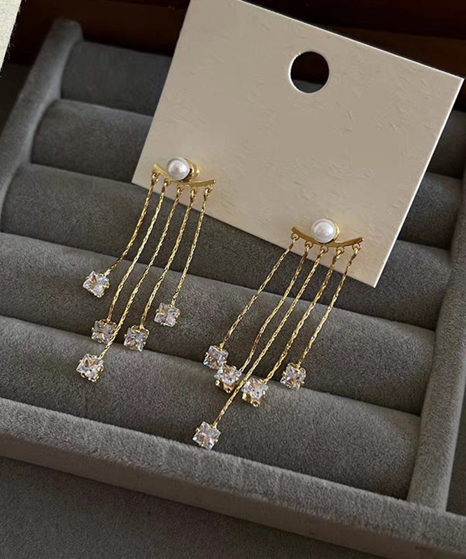 New Gold Copper Alloy Zircon Pearl Tassel Drop Earrings