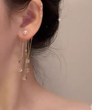 New Gold Copper Alloy Zircon Pearl Tassel Drop Earrings