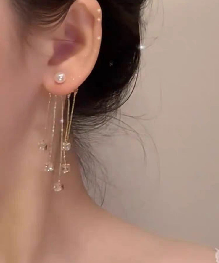New Gold Copper Alloy Zircon Pearl Tassel Drop Earrings