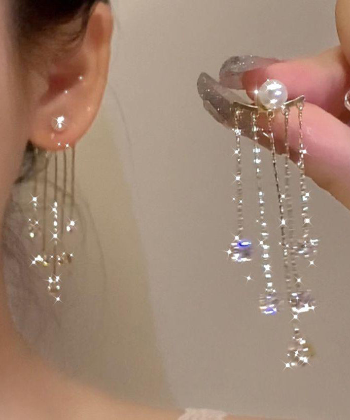 New Gold Copper Alloy Zircon Pearl Tassel Drop Earrings