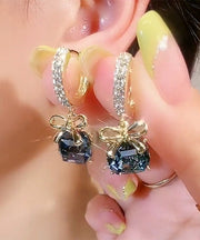 New Gold Copper Overgild Zircon Bow Crystal Hoop Earrings