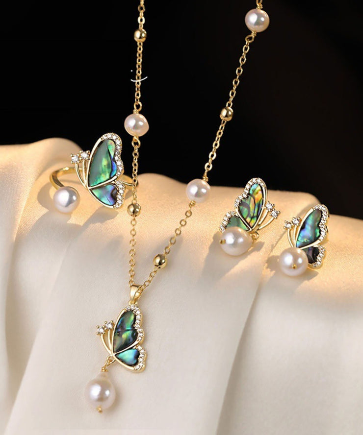 New Gold Copper Overgild Zircon Pearl Butterfly Pendant Necklace,Rings And Drop Earrings Three-Piece Set