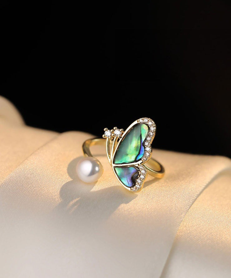 New Gold Copper Overgild Zircon Pearl Butterfly Pendant Necklace,Rings And Drop Earrings Three-Piece Set