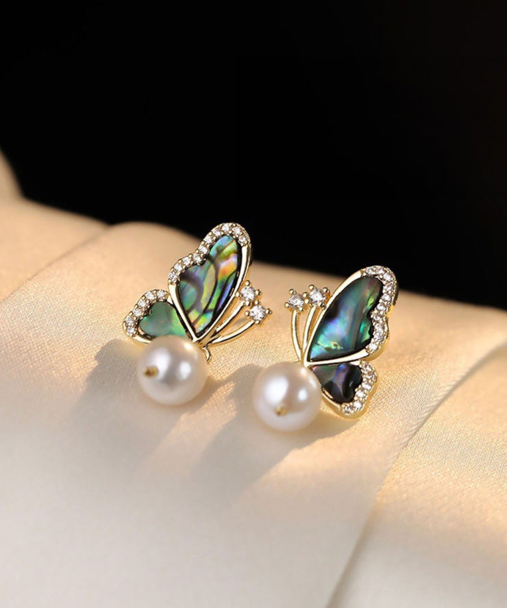 New Gold Copper Overgild Zircon Pearl Butterfly Pendant Necklace,Rings And Drop Earrings Three-Piece Set