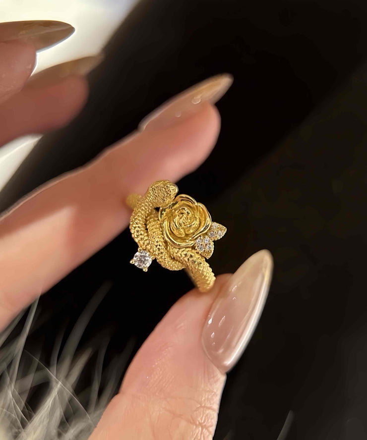 New Gold Sterling Silver Overgild Zircon Snake And Rose Rings