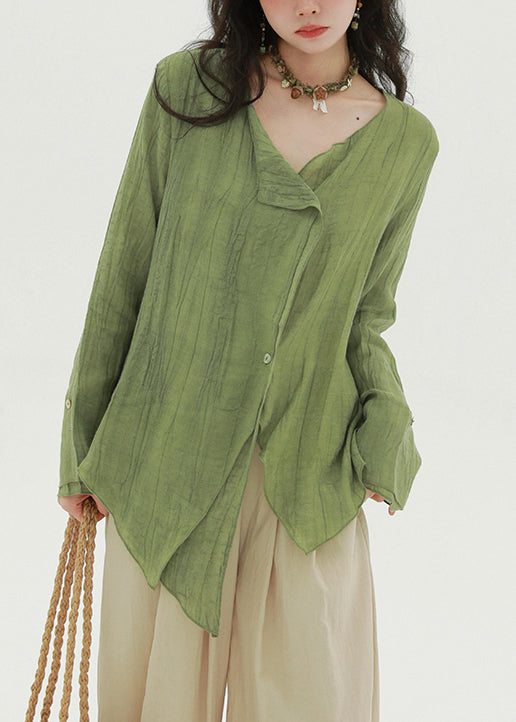 New Green Asymmetrical Button Linen Shirt Fall