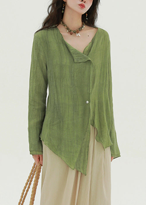 New Green Asymmetrical Button Linen Shirt Fall