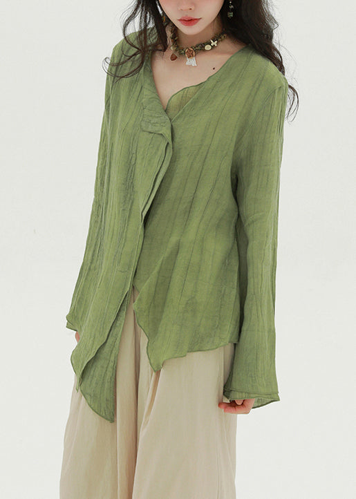 New Green Asymmetrical Button Linen Shirt Fall