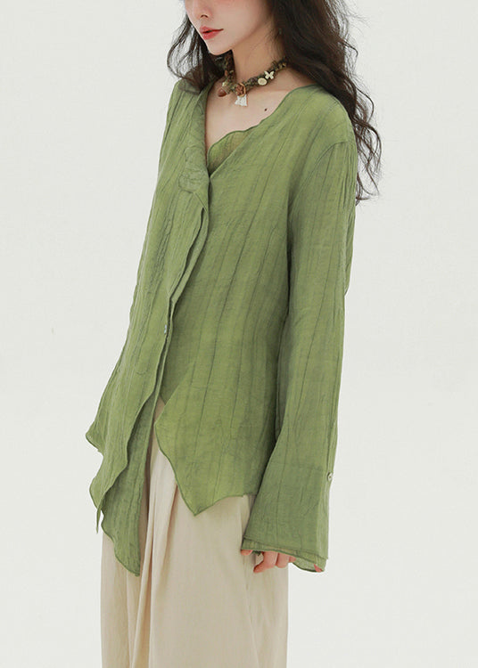 New Green Asymmetrical Button Linen Shirt Fall