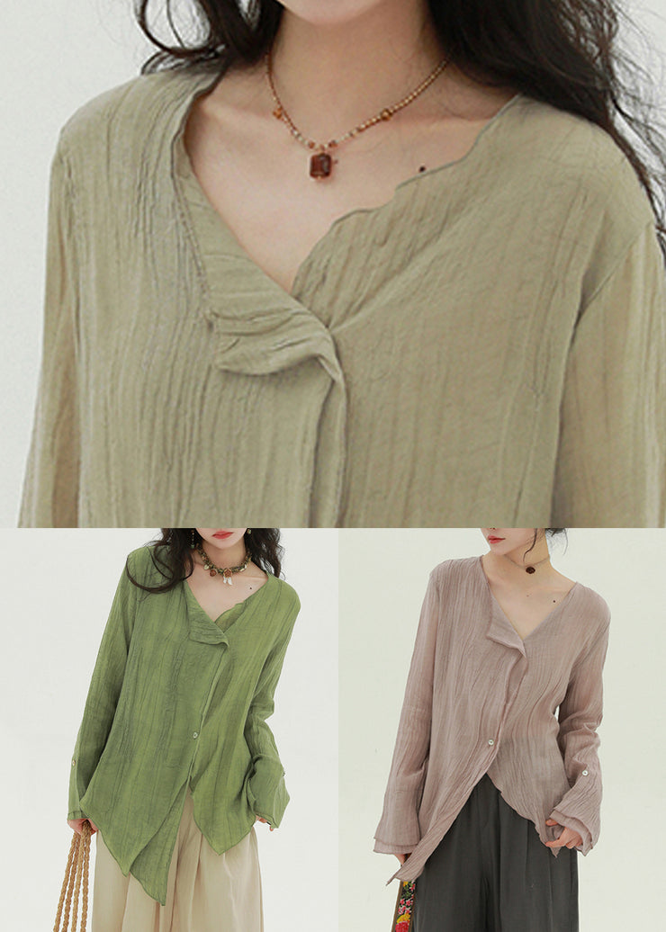 New Green Asymmetrical Button Linen Shirt Fall