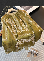 New Green Button Print Patchwork Linen Blouses Fall