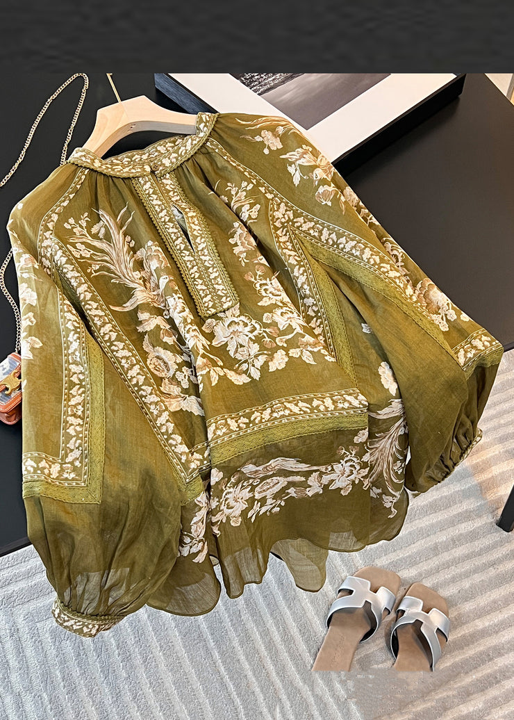 New Green Button Print Patchwork Linen Blouses Fall