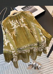 New Green Button Print Patchwork Linen Blouses Fall