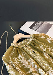 New Green Button Print Patchwork Linen Blouses Fall