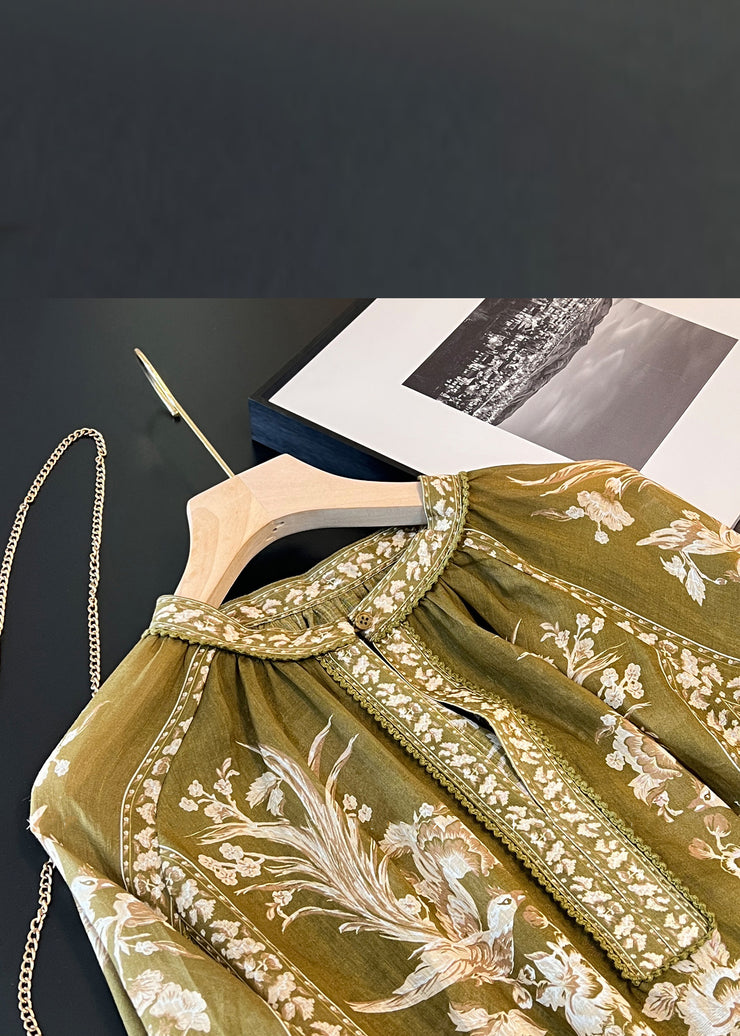 New Green Button Print Patchwork Linen Blouses Fall