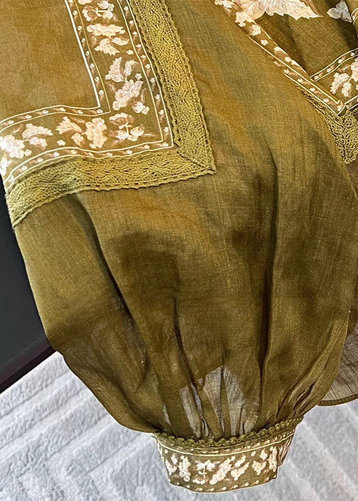 New Green Button Print Patchwork Linen Blouses Fall