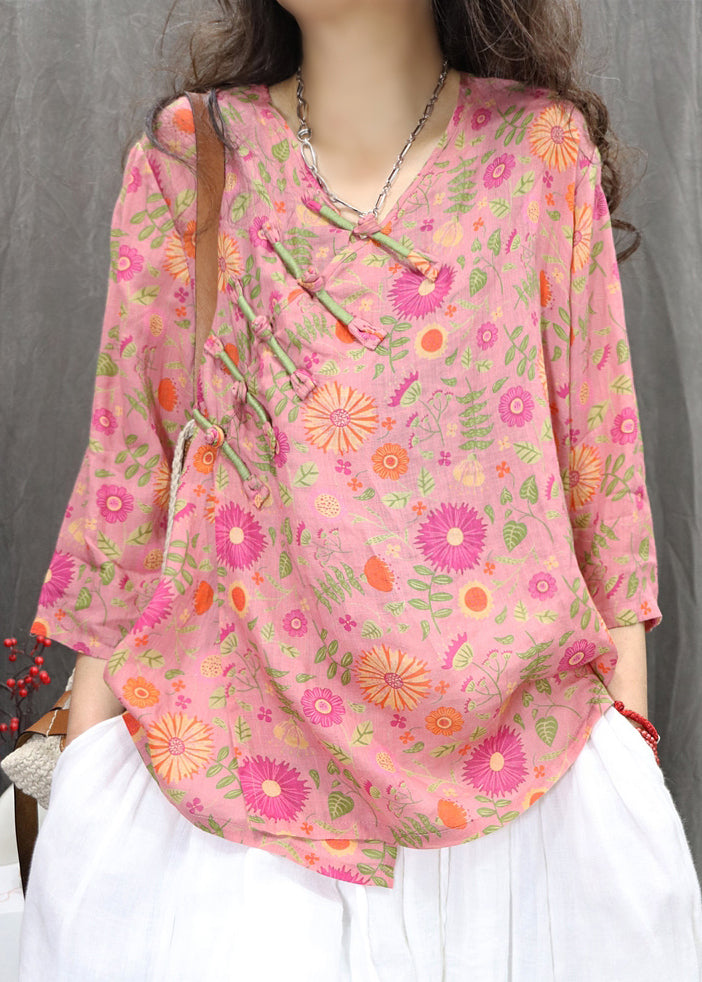 New Green Chinese Button Print Linen Blouses Bracelet Sleeve