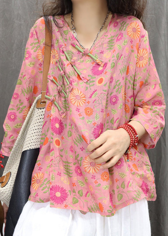 New Green Chinese Button Print Linen Blouses Bracelet Sleeve