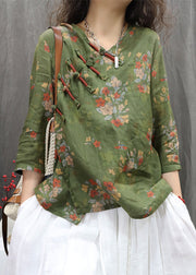 New Green Chinese Button Print Linen Blouses Bracelet Sleeve