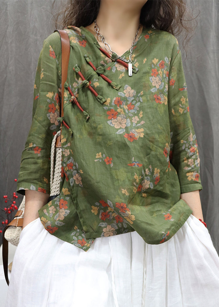 New Green Chinese Button Print Linen Blouses Bracelet Sleeve