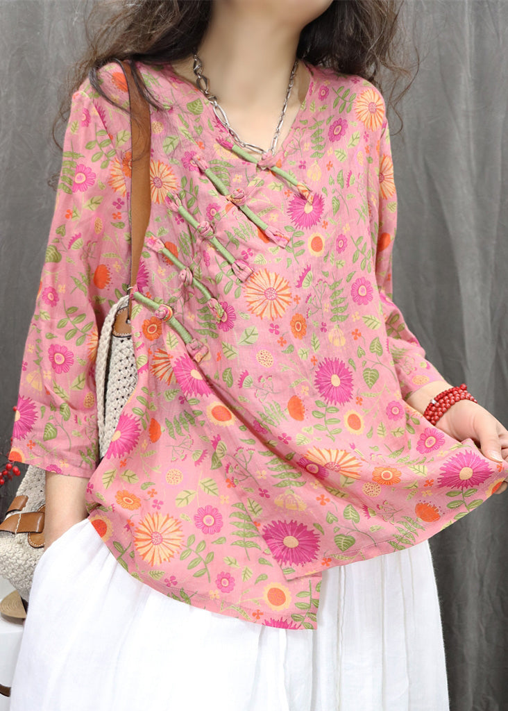 New Green Chinese Button Print Linen Blouses Bracelet Sleeve