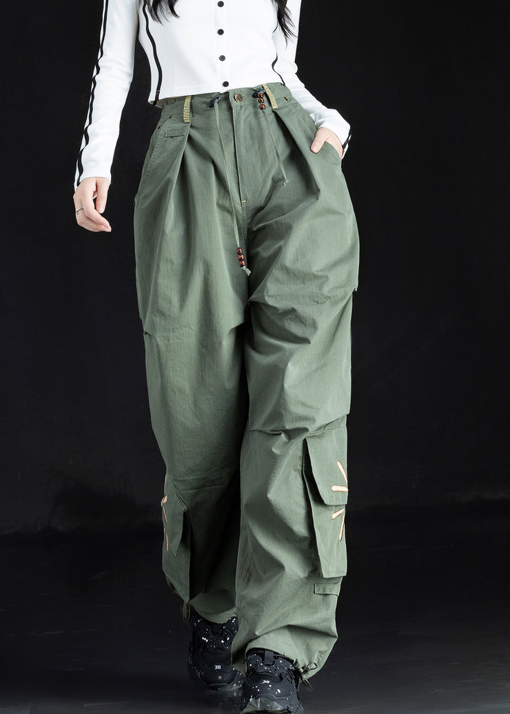 New Green Embroidered Pockets Cotton Pants Trousers Fall