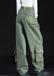 New Green Embroidered Pockets Cotton Pants Trousers Fall