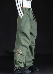 New Green Embroidered Pockets Cotton Pants Trousers Fall