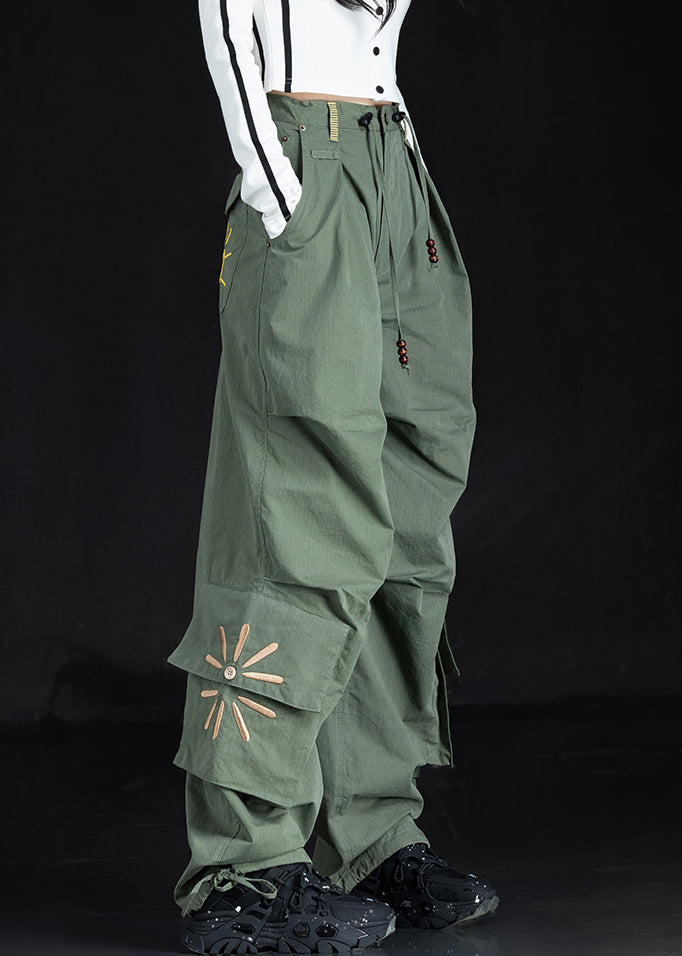 New Green Embroidered Pockets Cotton Pants Trousers Fall