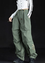 New Green Embroidered Pockets Cotton Pants Trousers Fall