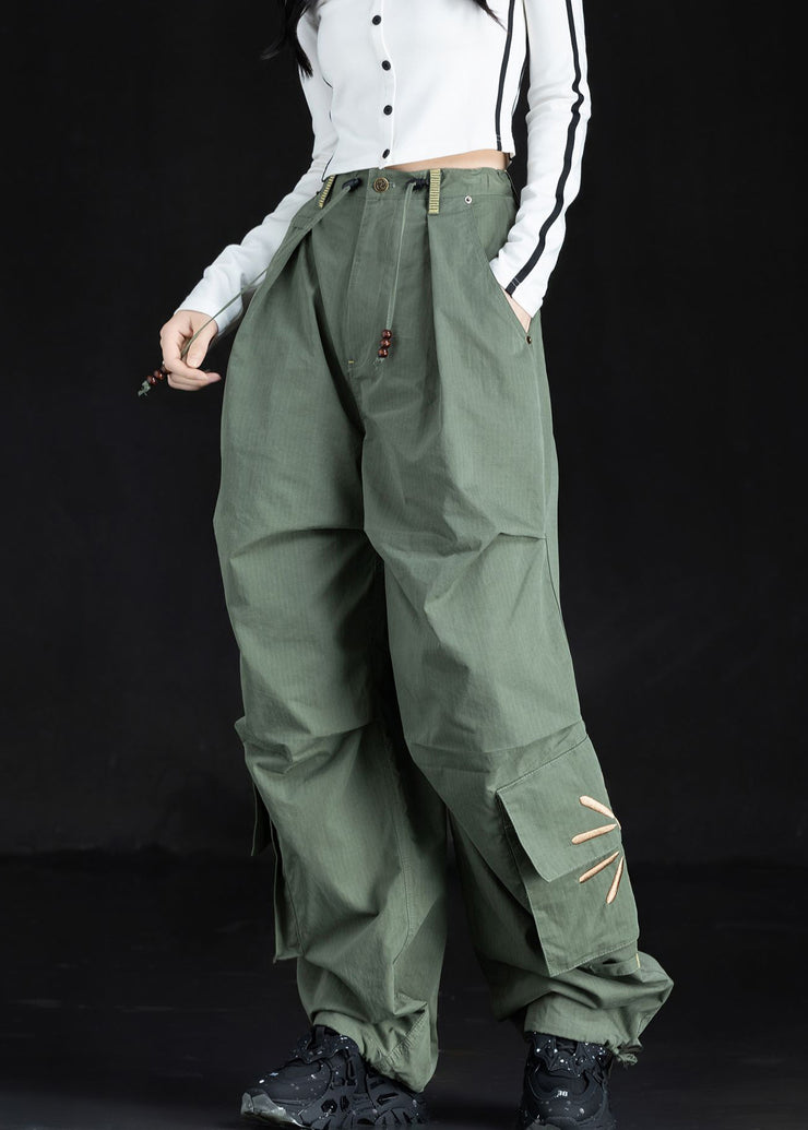 New Green Embroidered Pockets Cotton Pants Trousers Fall