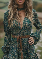 New Green Leopard V Neck Ruffled Cotton Short Dress Spring